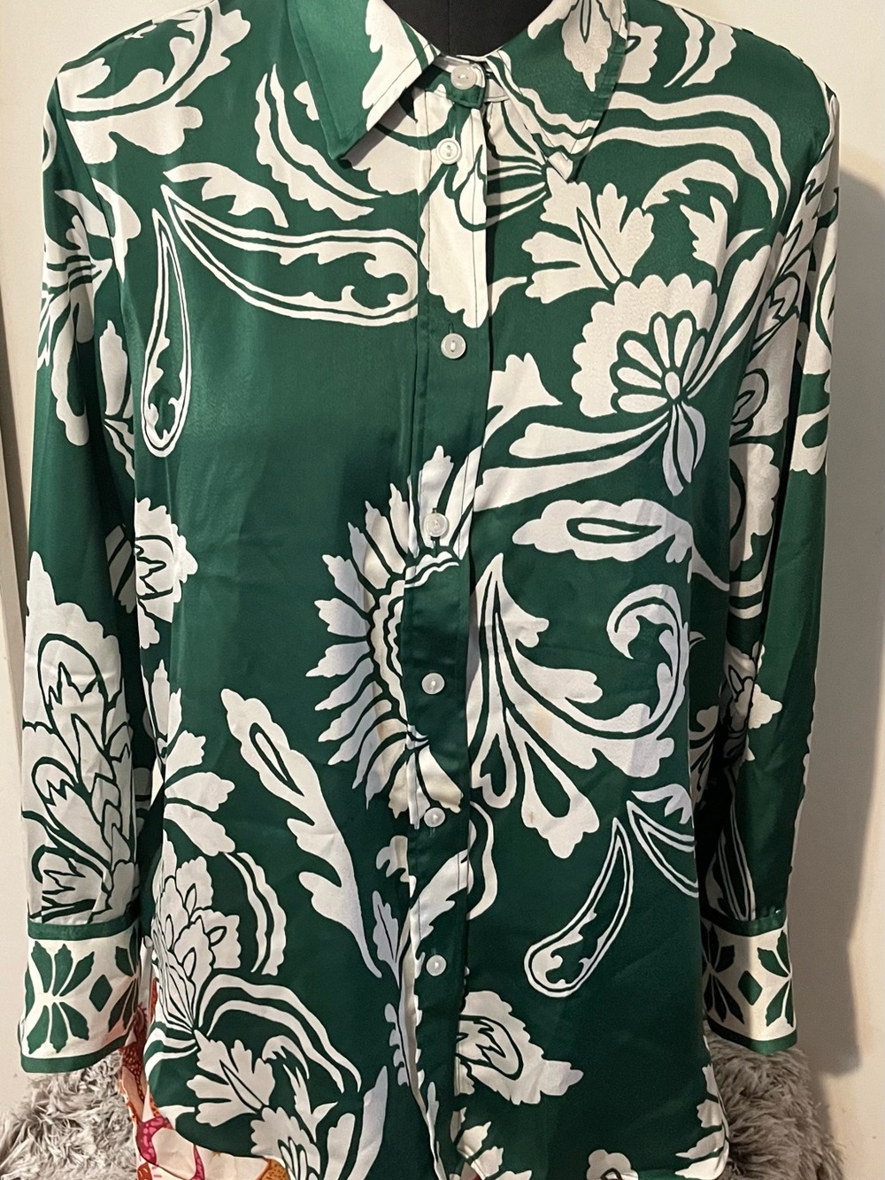 Green and White Floral Button-Up Shirt - Women’s Stylish Long Sleeve